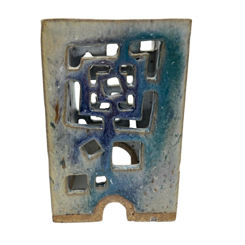 VTG‎ Handmade Glazed Ceramic Incense Burner Luminary Tealight Holder Blue Tan 5"